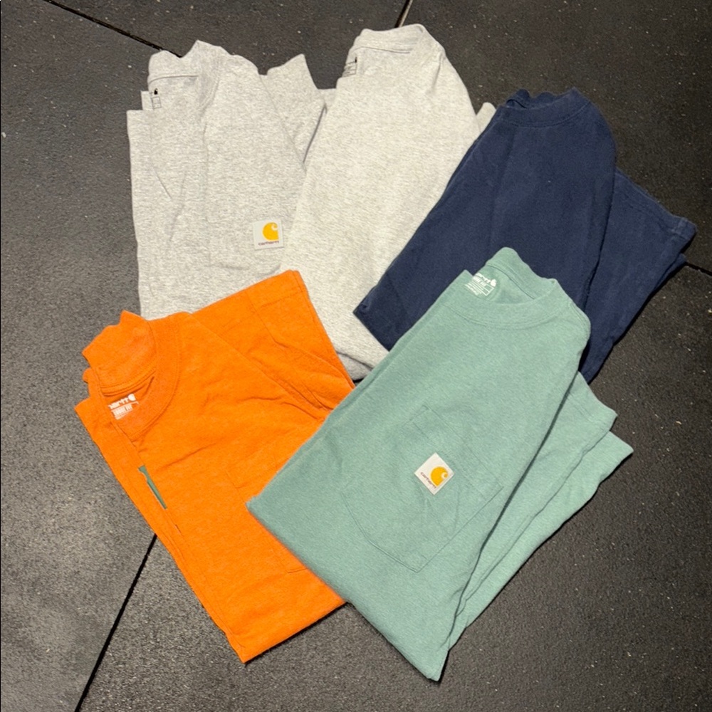 Carhartt Long sleeve shirts in Gray, Orange, Navy, and Teal
